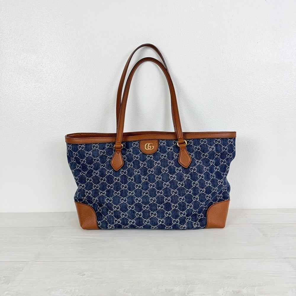 Gucci GG Monogram Denim Tote Bag Medium Blue Brown Leather Trim Tea Cuir